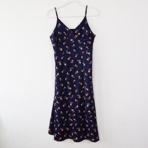 Navy Floral Slip Midi Dress Spaghetti Straps Medium